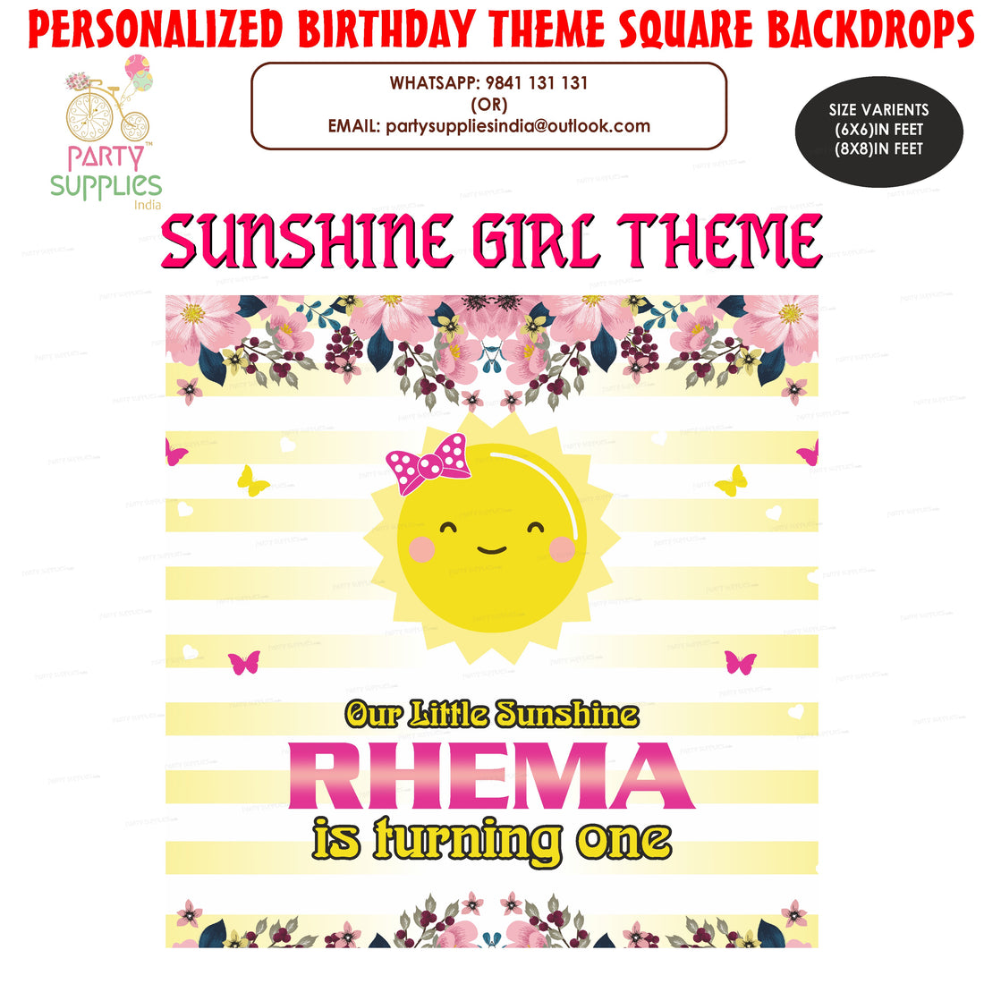 Sunshine Theme Girl Personalized Square Backdrop