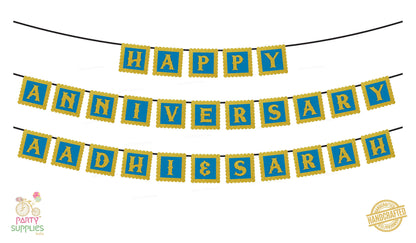 Hand Crafted Sky Blue with Gold Happy Anniversary Bunting
