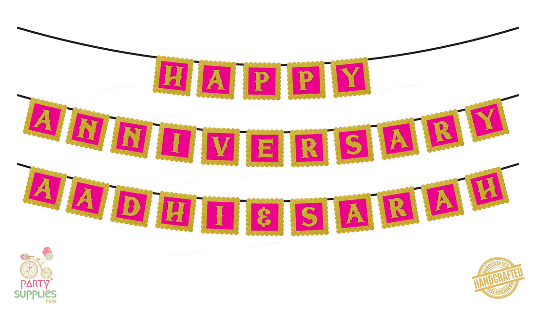 Hand Crafted Pink with Gold Happy Anniversary Bunting