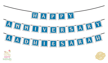 Hand Crafted Sky Blue with Silver Happy Anniversary Bunting