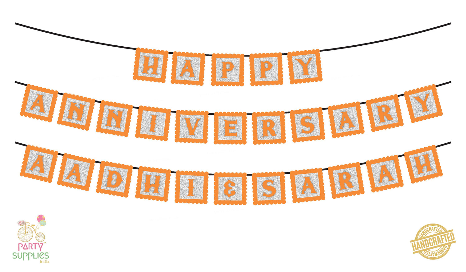 Hand Crafted Silver with Orange Happy Anniversary Bunting