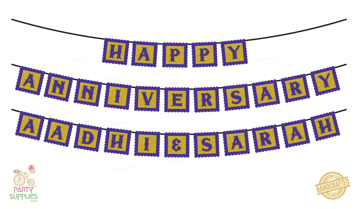Hand Crafted Gold with Violet Happy Anniversary Bunting