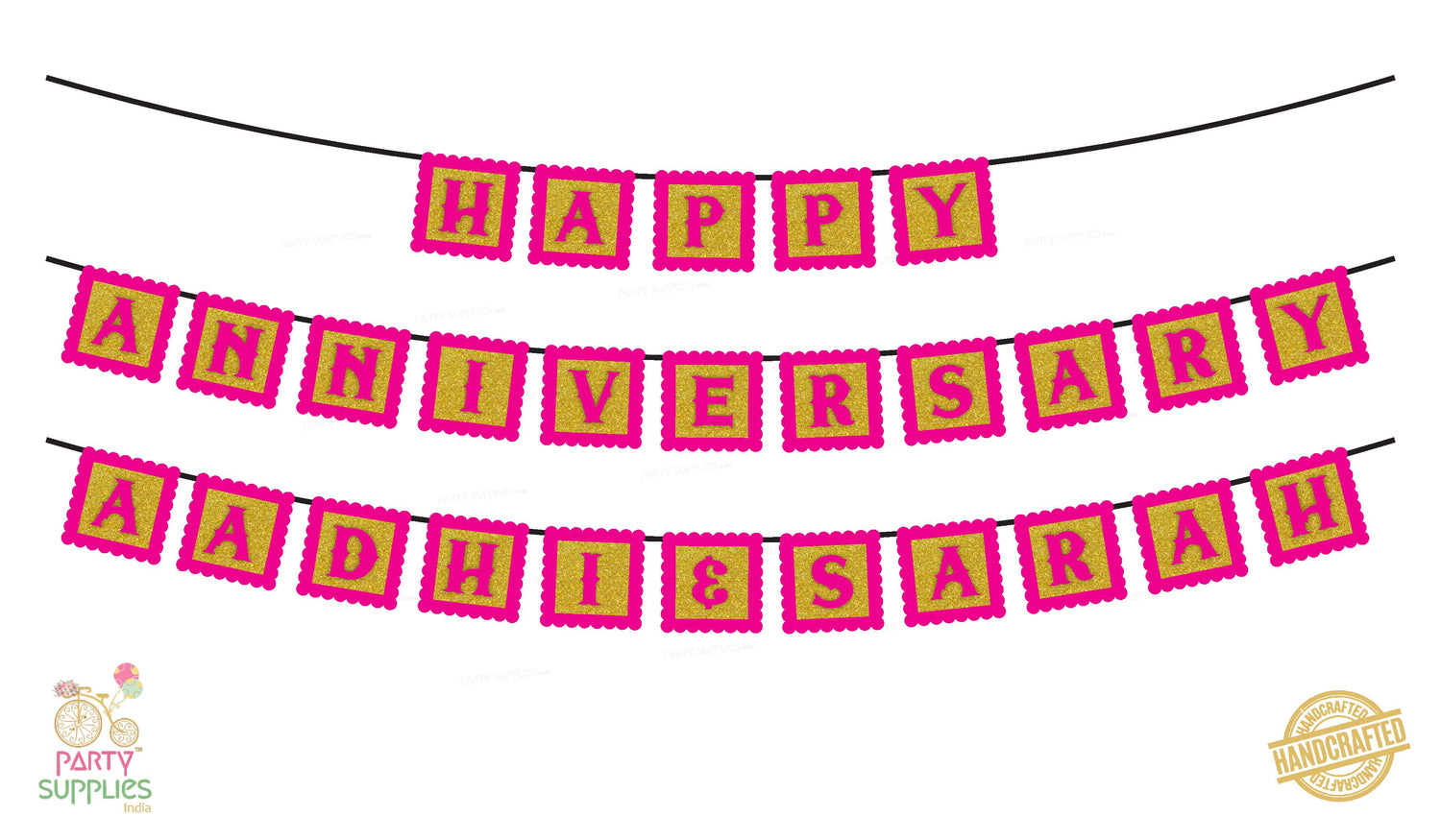 Hand Crafted Gold with Pink Happy Anniversary Bunting