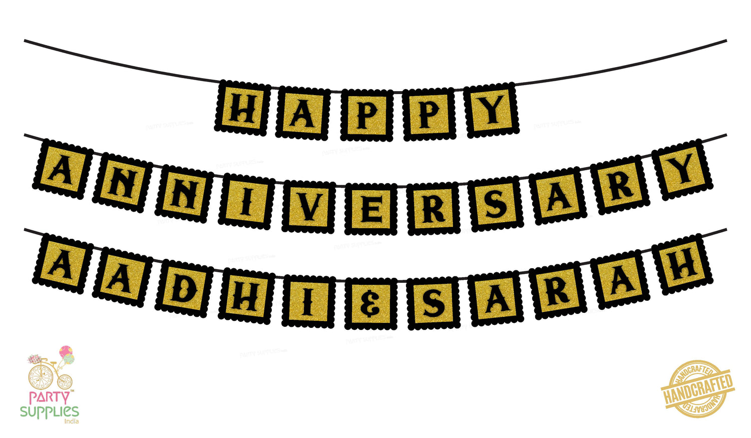 Hand Crafted Gold with Black Happy Anniversary Bunting
