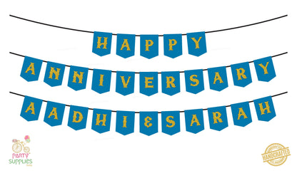 Hand Crafted Sky Blue with Gold Happy Anniversary Bunting