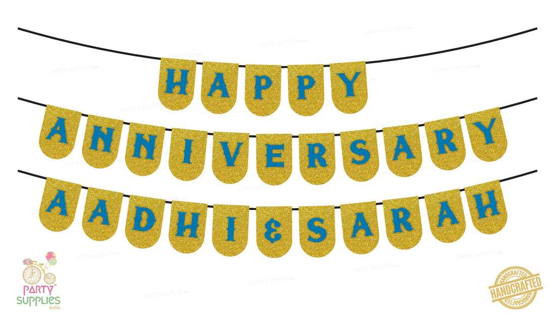 Hand Crafted Gold with Sky Blue Happy Anniversary Bunting