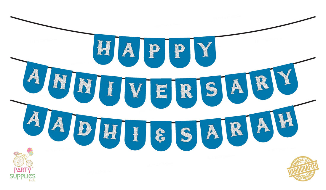 Hand Crafted Sky Blue with Silver Happy Anniversary Bunting