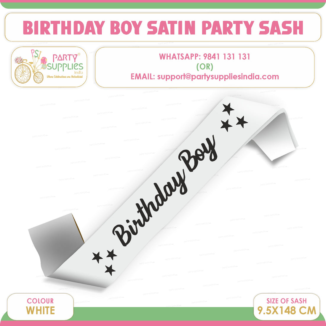 PSI Birthday Boy White with Black Satin Party Sash