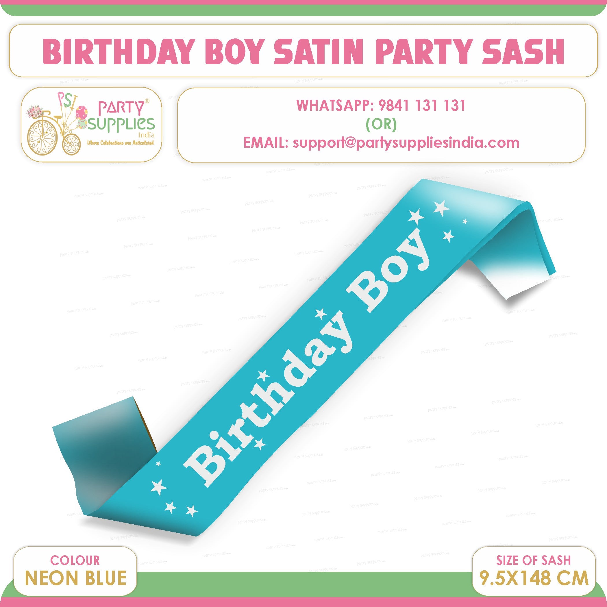 PSI Birthday Boy Neon Blue Bold Satin Party Sash