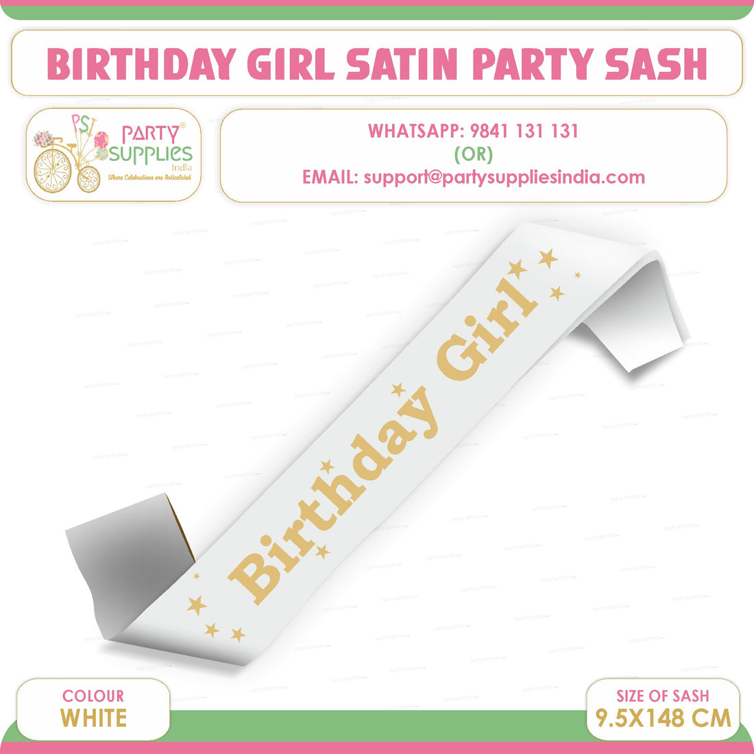 PSI Birthday Girl White Satin Party Sash