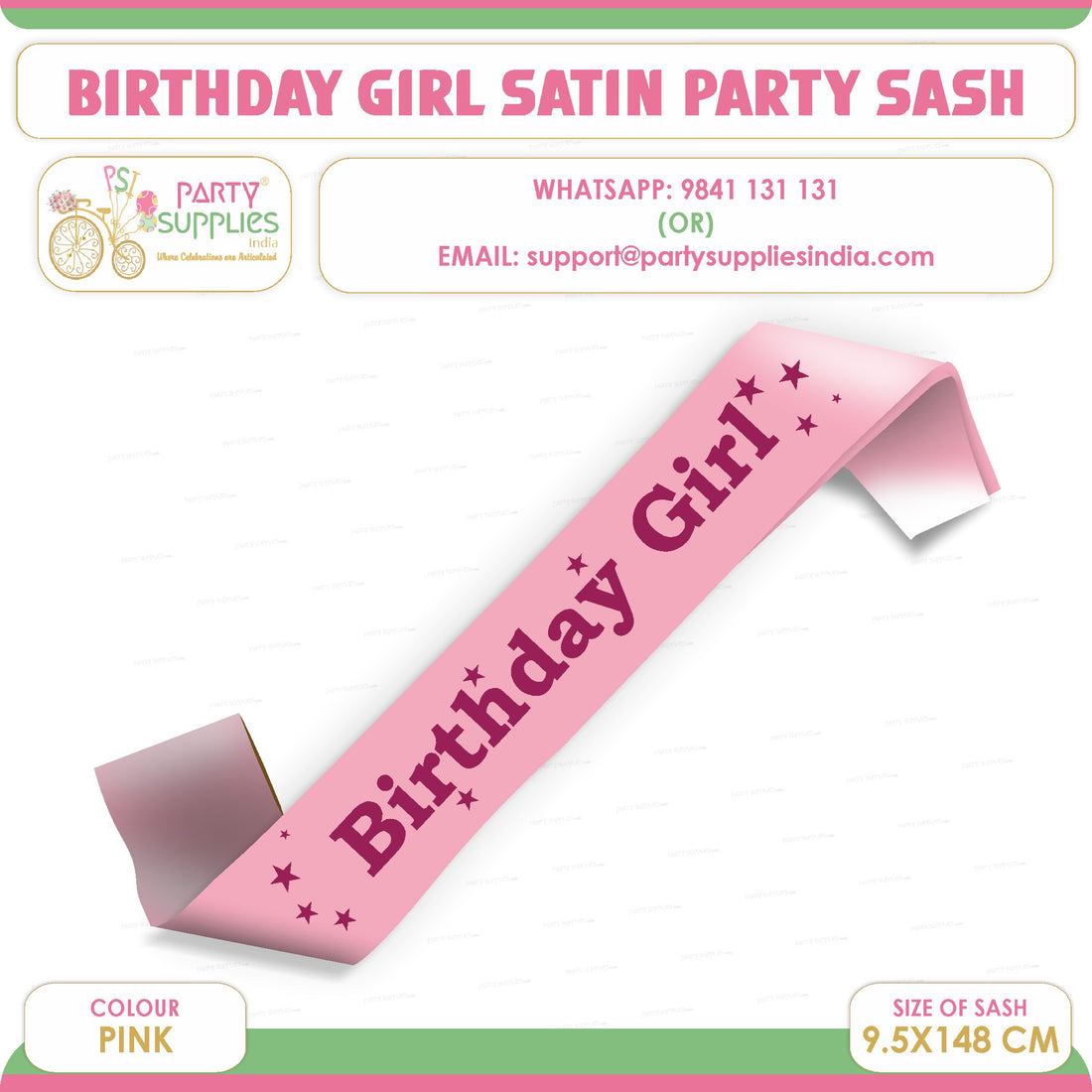 PSI Birthday Girl Light Pink Satin Party Sash