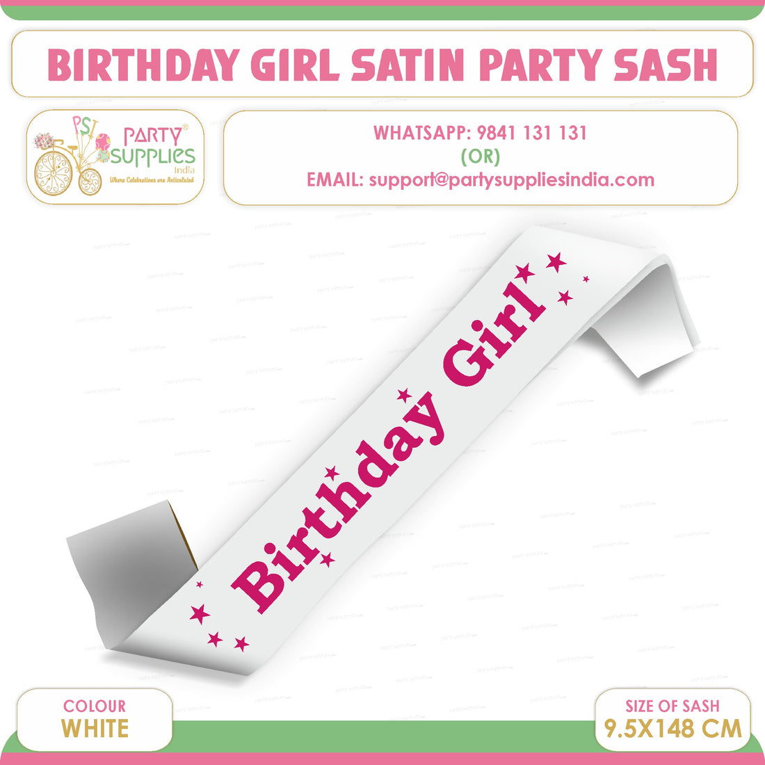 PSI Birthday Girl White with Pink Satin Party Sash