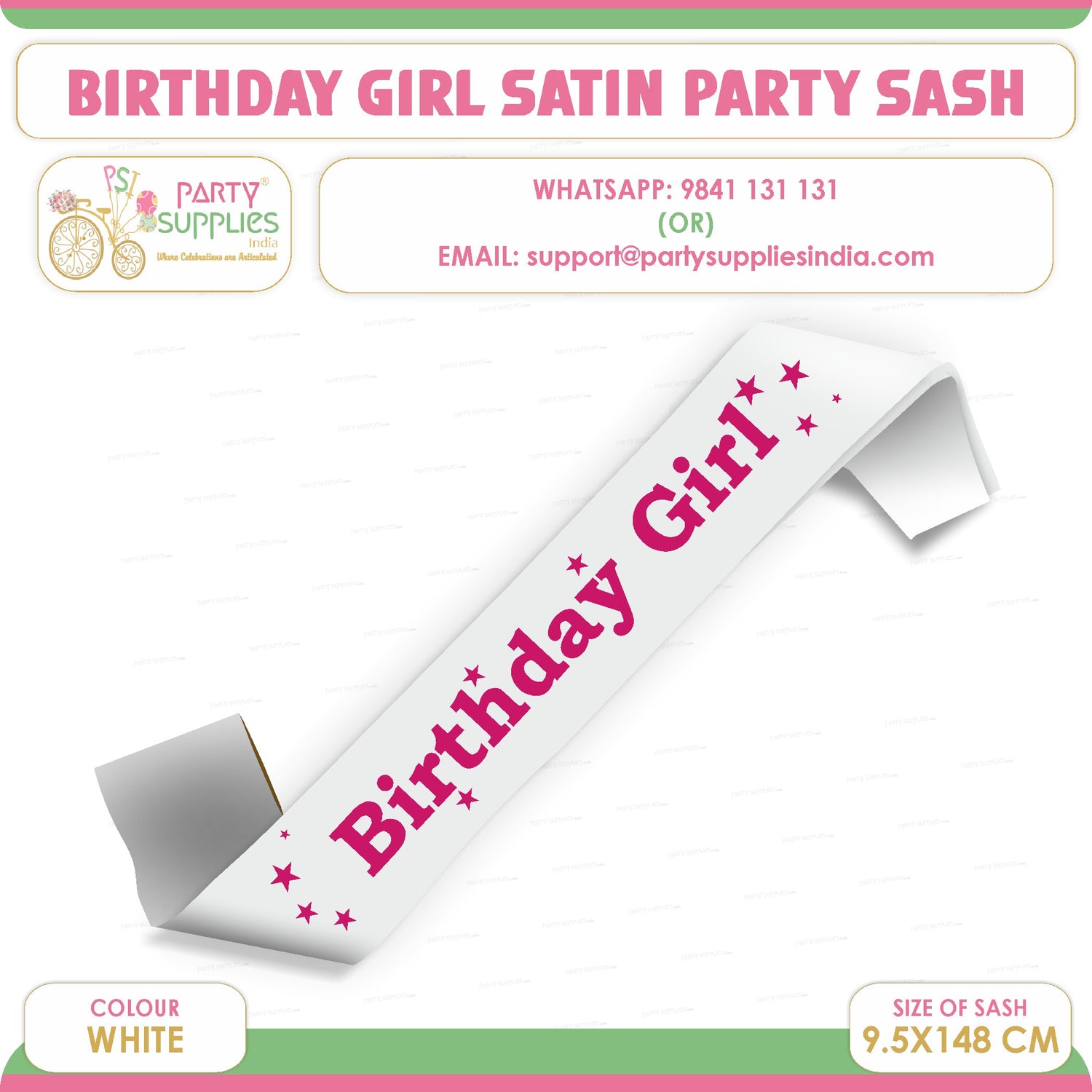 Birthday Girl White with Pink Satin Party Sash - image 1 of 3 | Party Supplies India