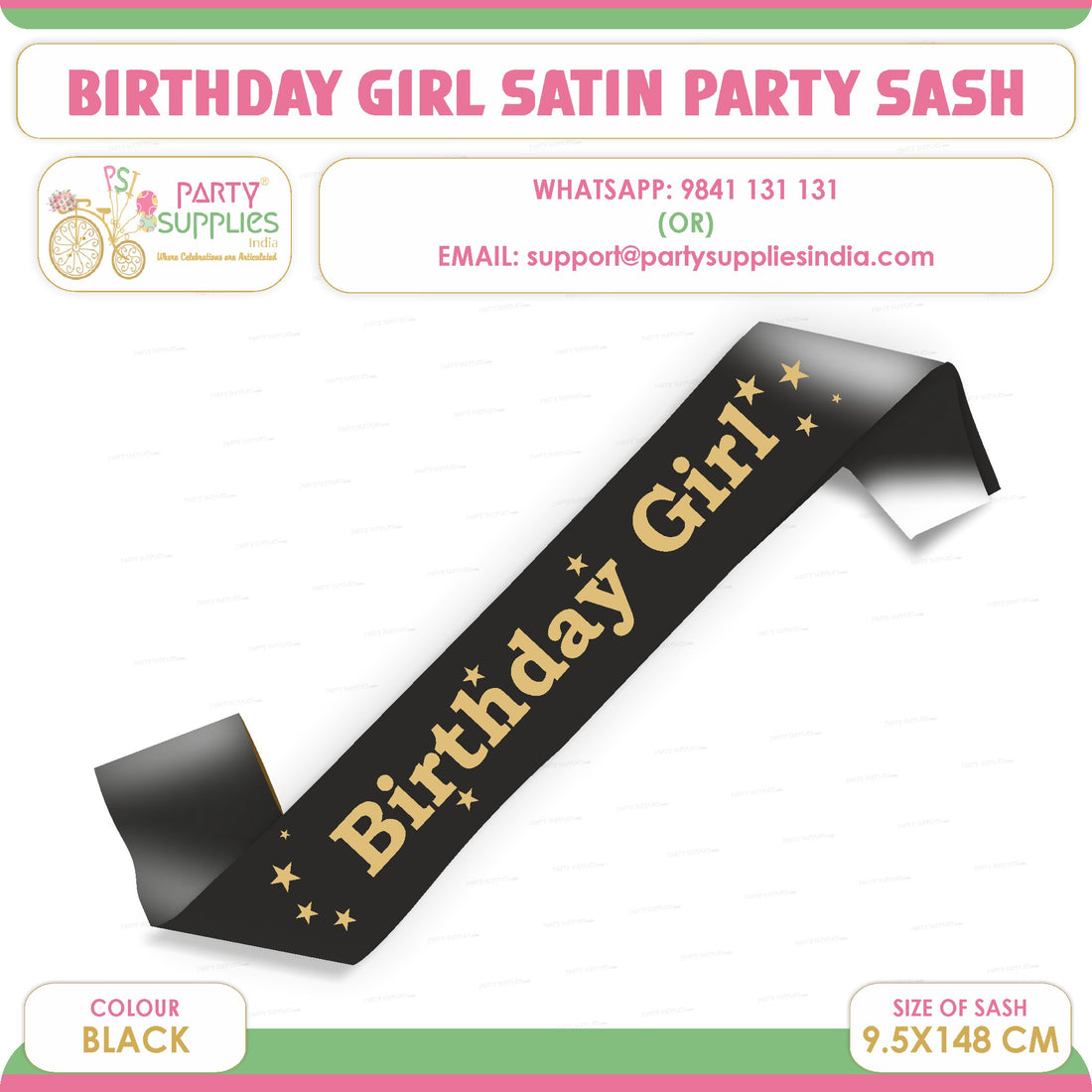PSI Birthday Girl Black Satin Party Sash
