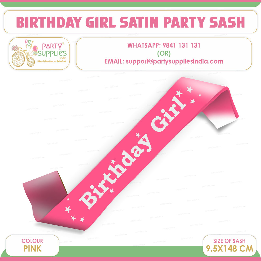 PSI Birthday Girl Pink Satin Party Sash