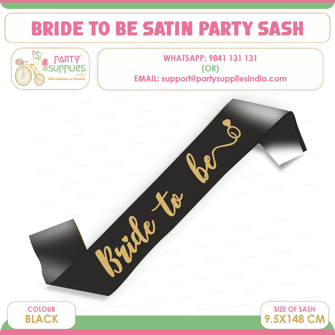 PSI Bride to Be Black Satin Party Sash