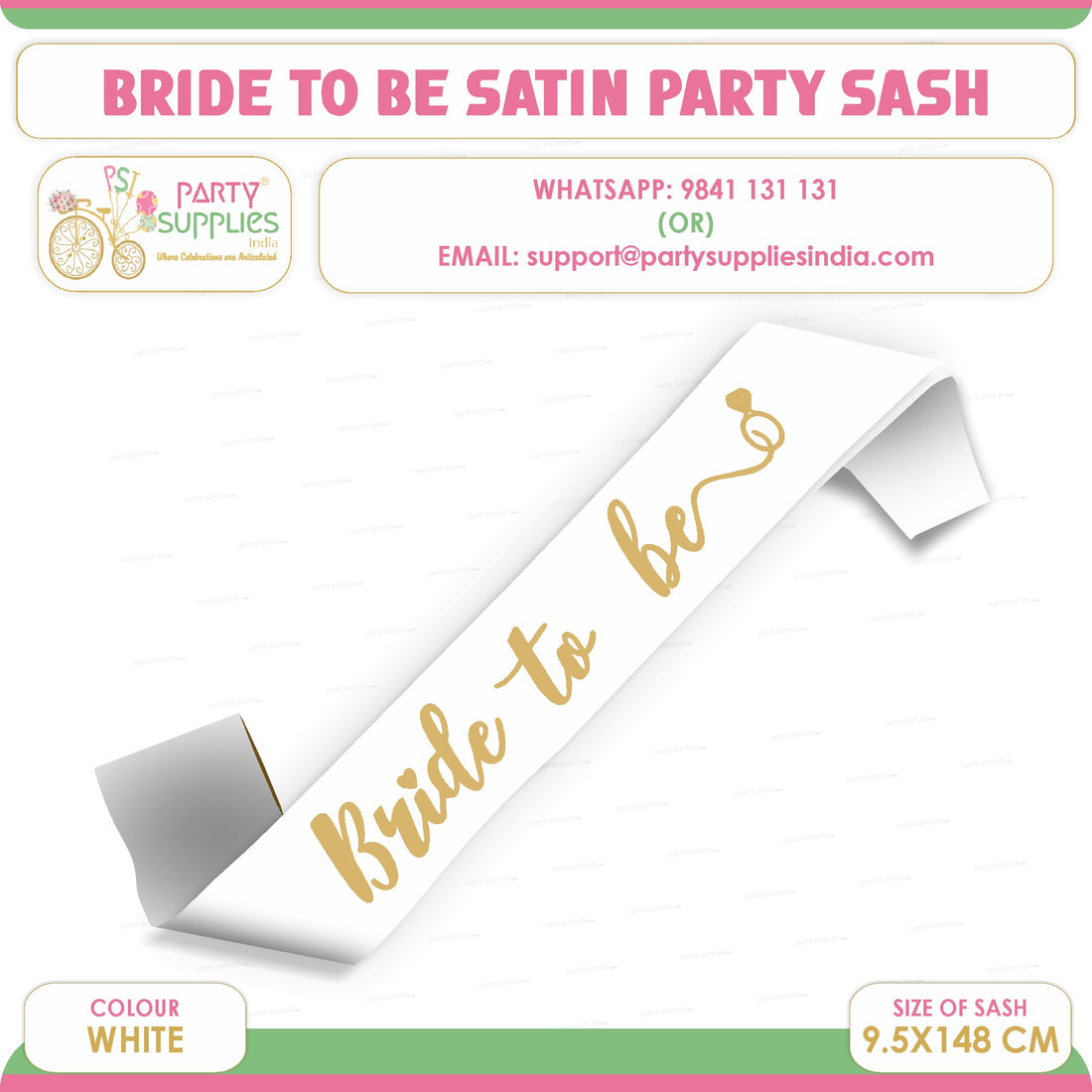 PSI Bride to Be White Satin Party Sash