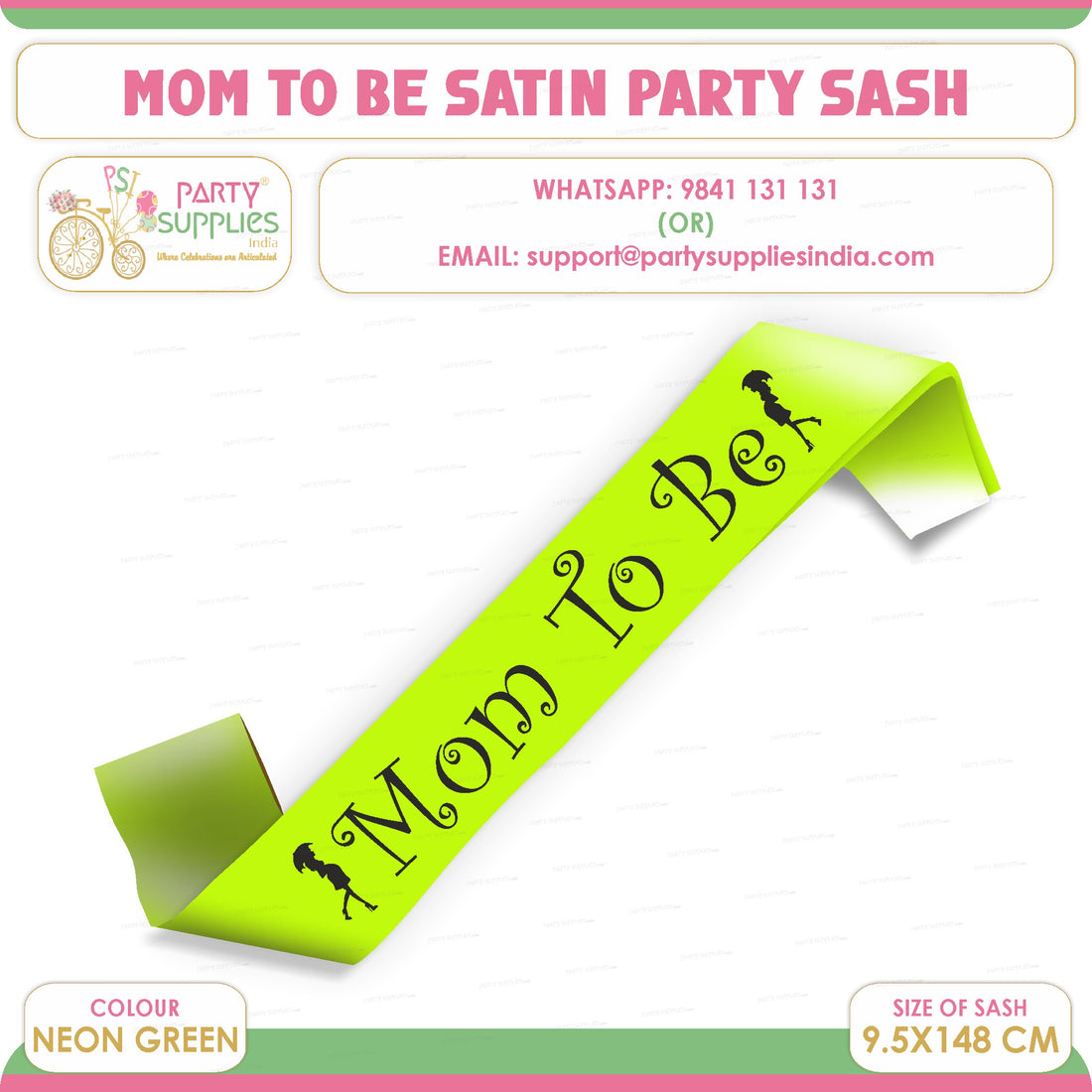 PSI Mom to Be Neon Green Satin Party Sash