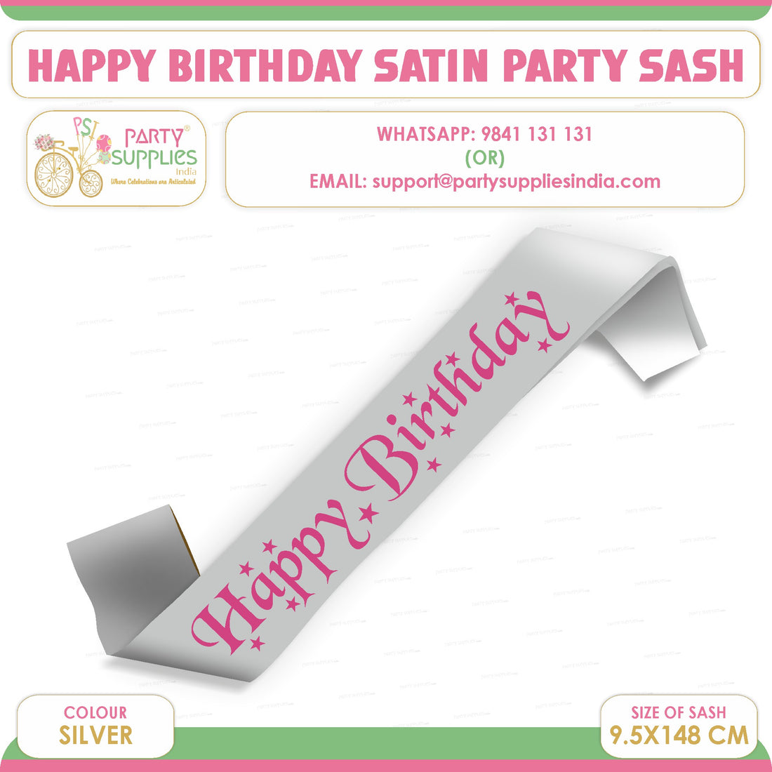PSI Happy Birthday Silver Satin Party Sash