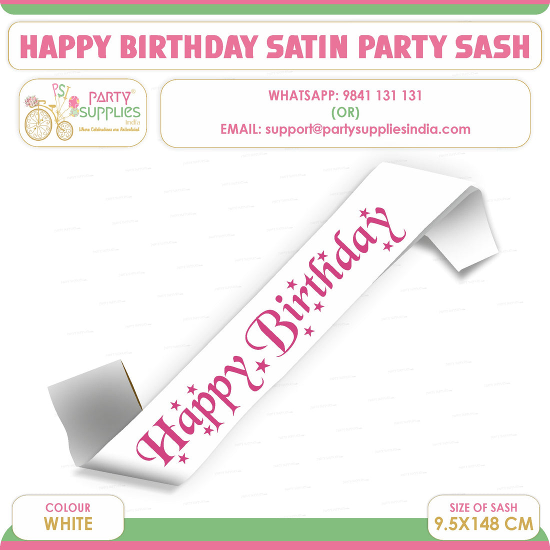 PSI Happy Birthday White Satin Party Sash