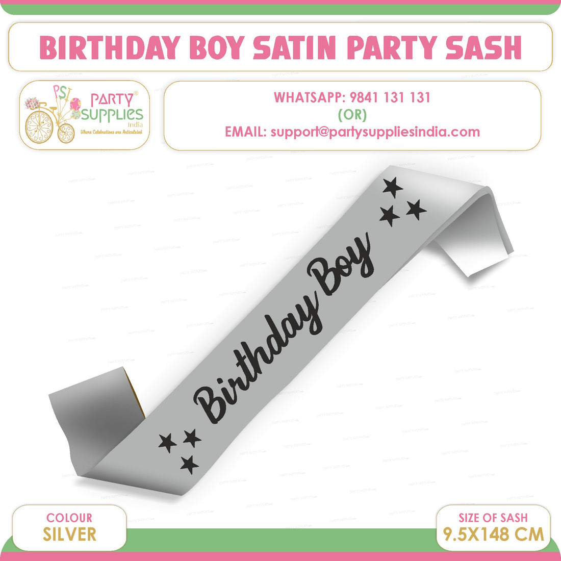 PSI Birthday Boy Silver Satin Party Sash