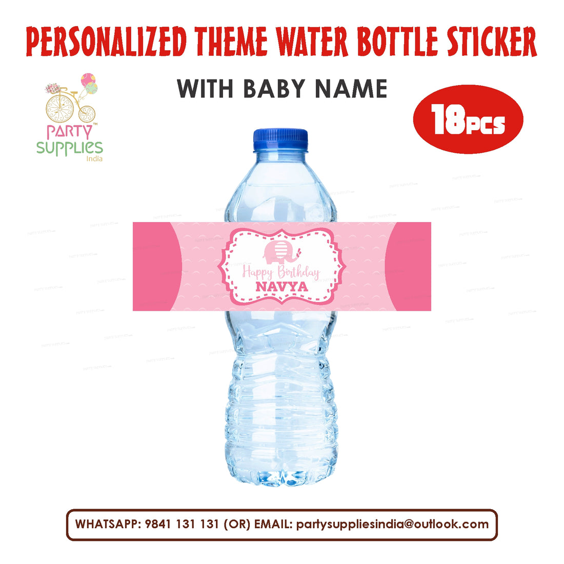 Pink Elephant Theme Water Bottle Sticker
